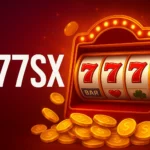 777sx slot game graphic featuring a vibrant slot machine, gold coins, and glowing lights — casino-style promotional artwork for 777sx in Pakistan.”