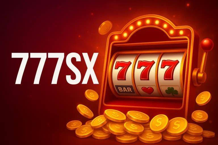 777sx slot game graphic featuring a vibrant slot machine, gold coins, and glowing lights — casino-style promotional artwork for 777sx in Pakistan.”